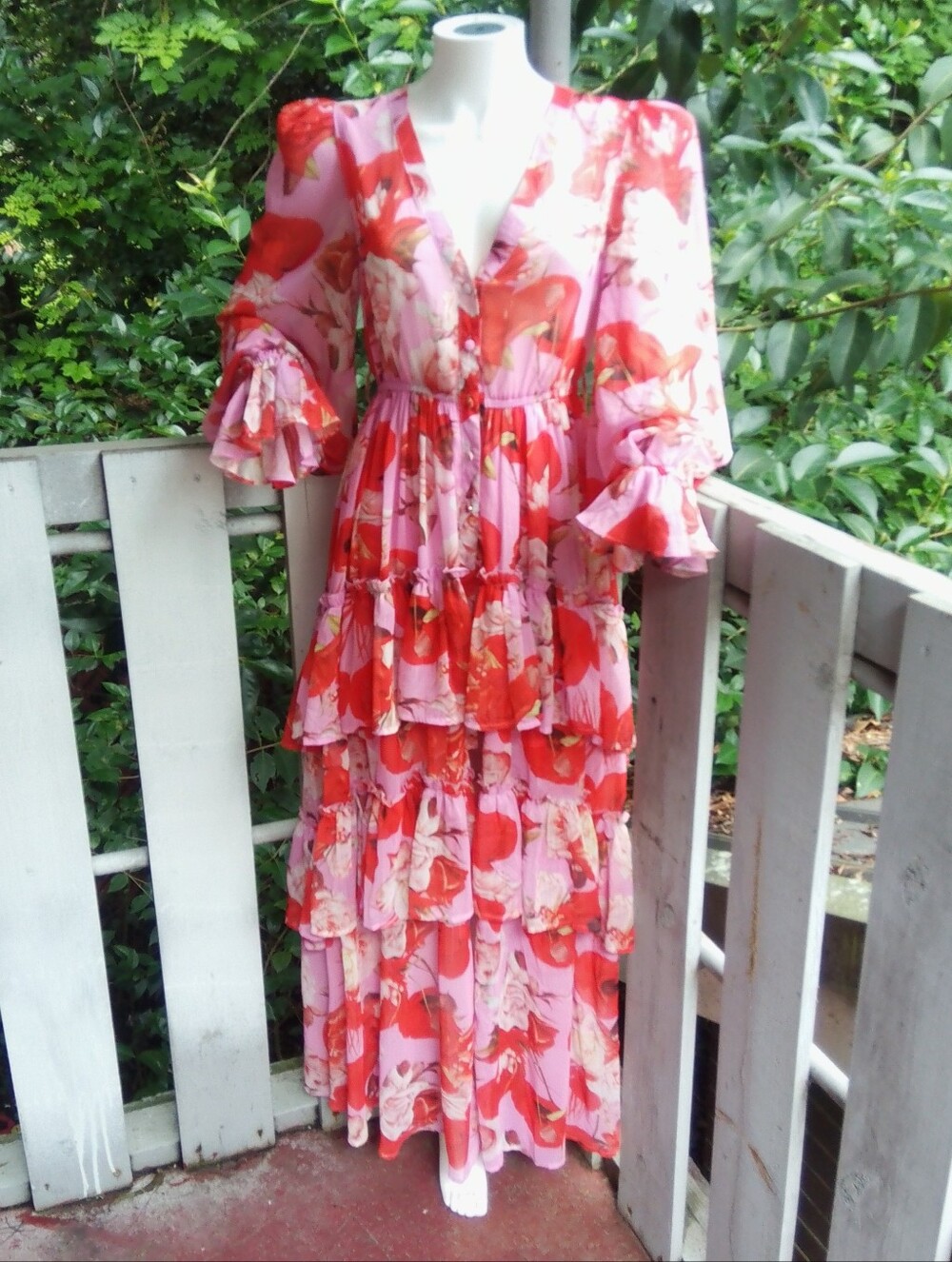 Floral  Boho Cottage Chiffon Ruffle Long Maxi Dress Small